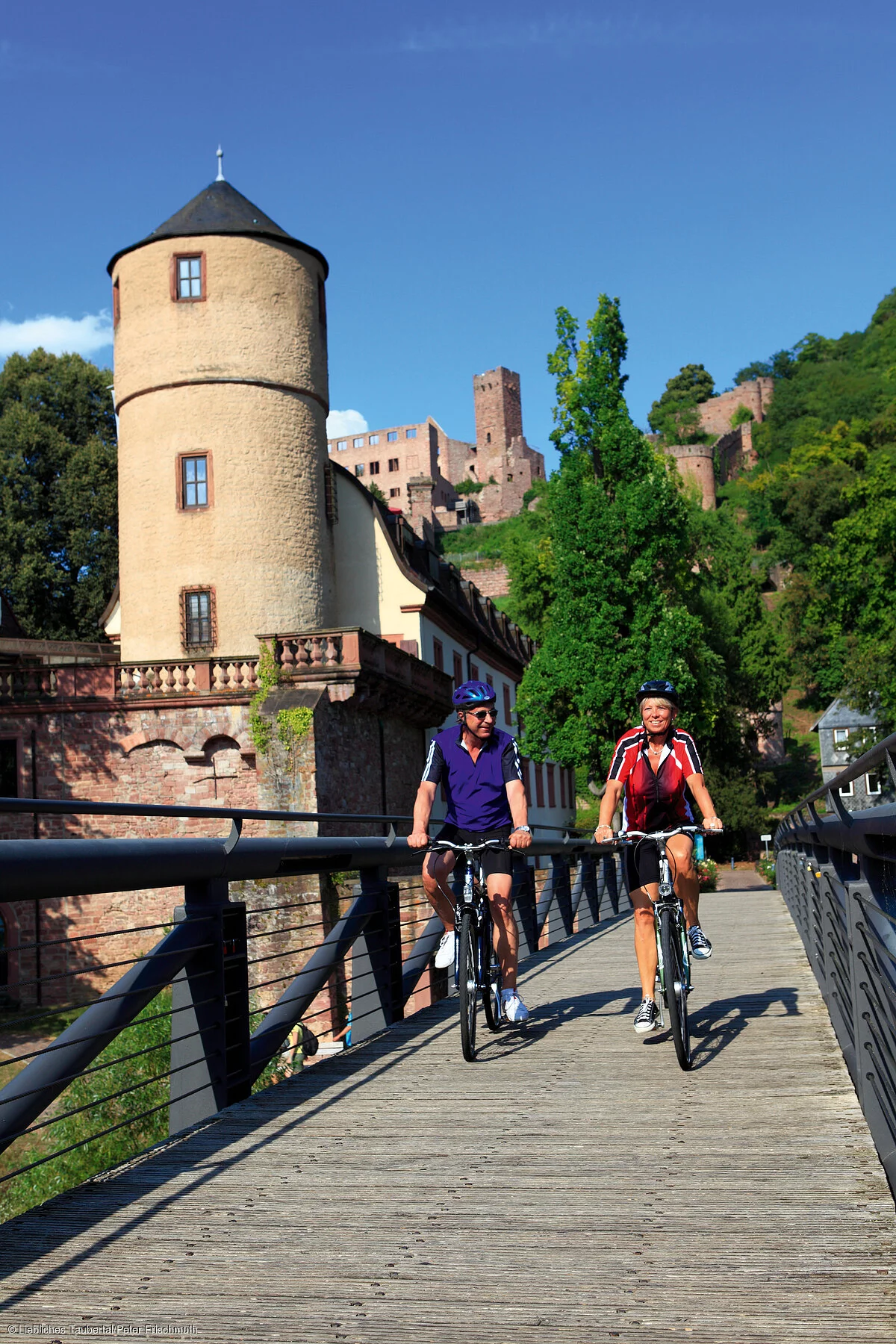 Radfahrer auf der Tauberbruecke vor dem Rathaus
