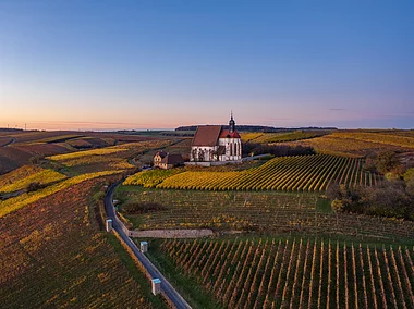 Eine einsame Wallfahrtskirche inmitten von herbstlich bunten Weinbergen