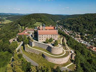 Die Luftaufnahme einer Burg auf einem zum Teil bewaldeten Hügel