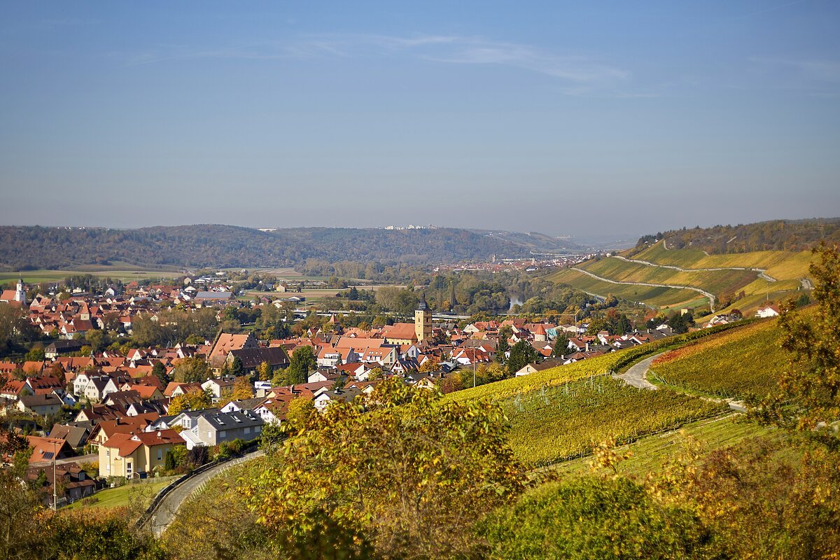 Landschaft mit Weinbergen, einem Dorf mit roten Dächern und einem Kirchturm, umgeben von Hügeln und Wäldern.