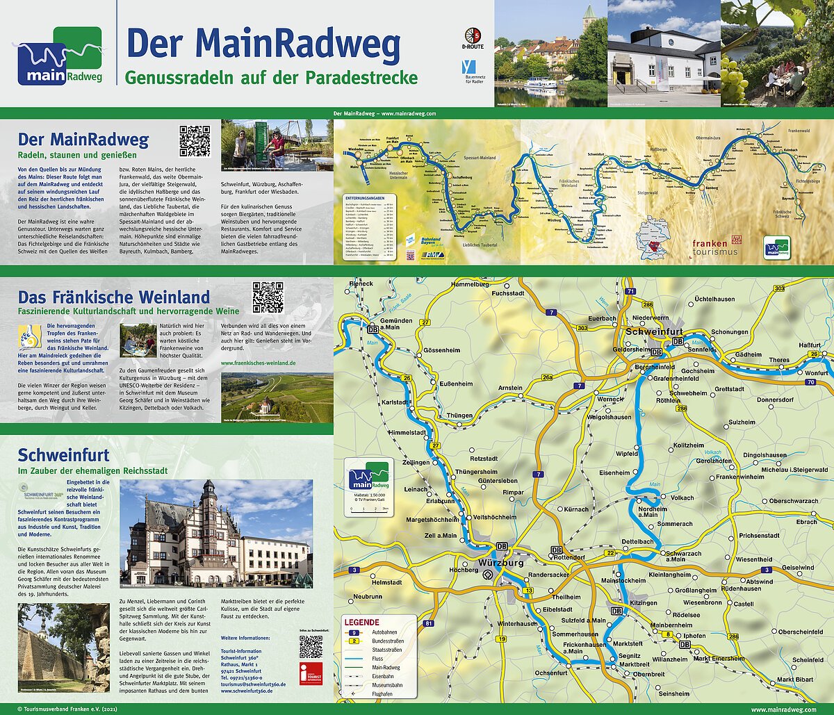 Übersichtskarte des MainRadwegs mit Routenverlauf, Entfernungen, Sehenswürdigkeiten und Infos zu Weinland und Schweinfurt.