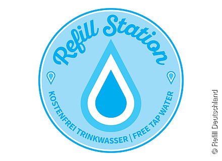 Blaues rundes Logo mit Wassertropfen und Text „Refill Station, kostenfrei Trinkwasser, free tap water“